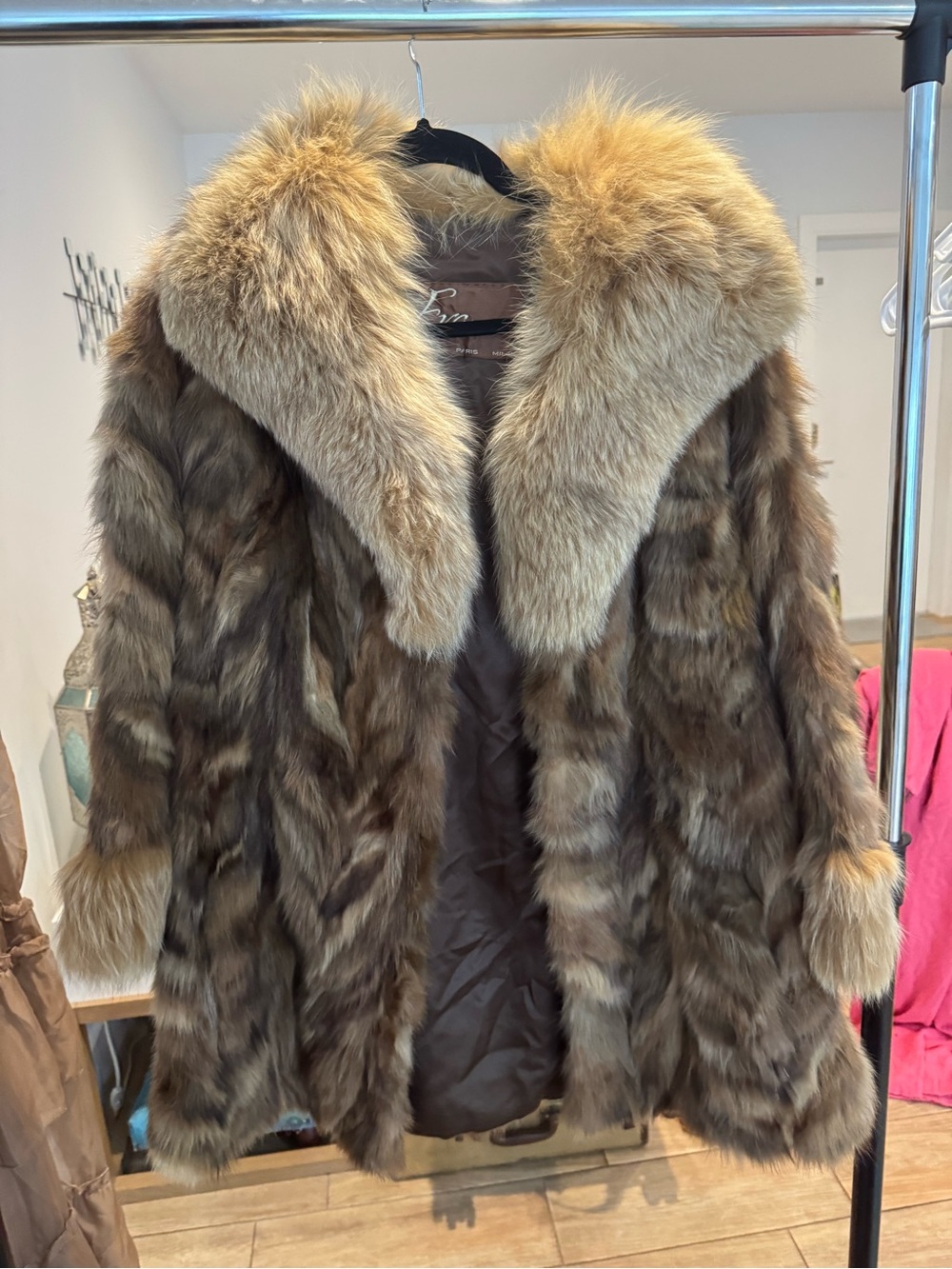 Women's Brown Faux Fur Coat with Plush Collar
